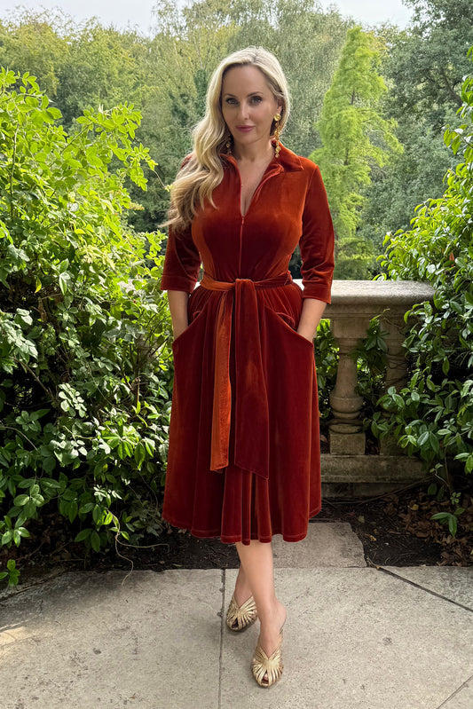 NOW IN  - The 'Zip Pocket' Velvet Dress in Rust