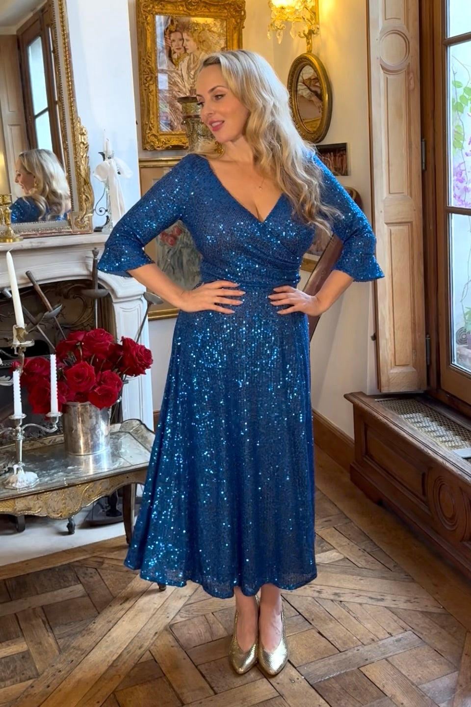 'Coco' Electric Blue Sequin Midi Swing Dress