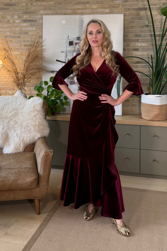 'Stevie' Luxe Velvet Ruffle Dress in Wine - SOLD OUT SIZES  14,16,18 BACK IN STOCK MID NOV - PRE - ORDER NOW