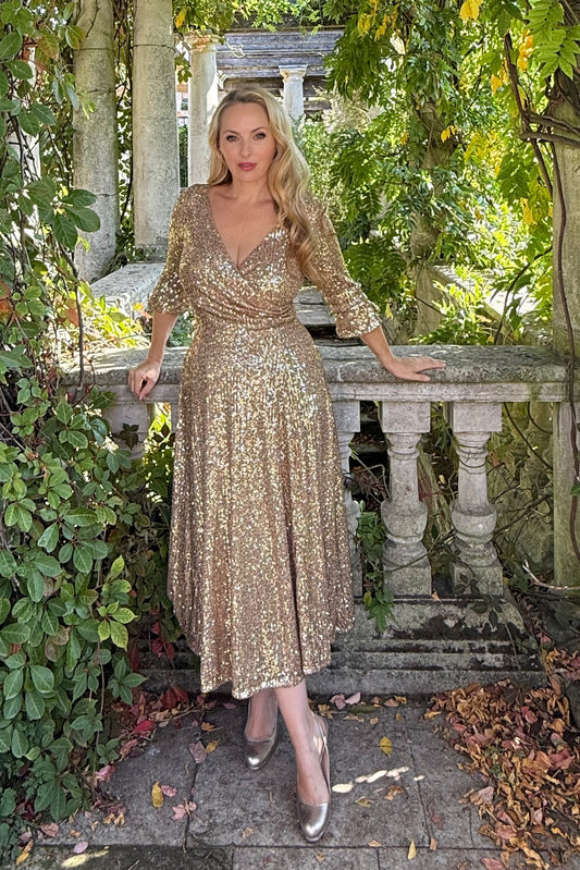 NEW IN - 'Coco' Gold Sequin Midi Swing Dress