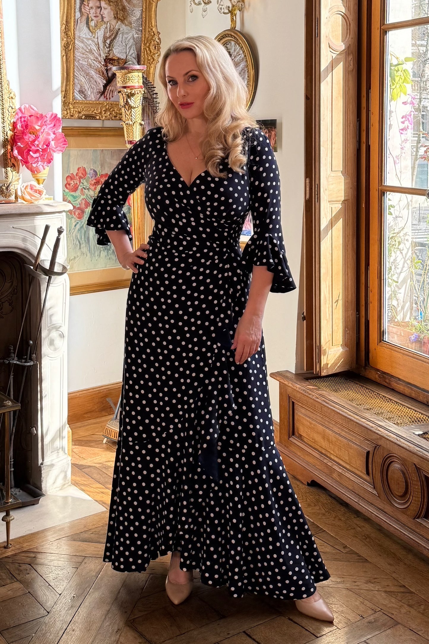 NEW - 'Stevie' Luxe Ruffle Dress in Navy Polka Dot w/c 23rd Feb