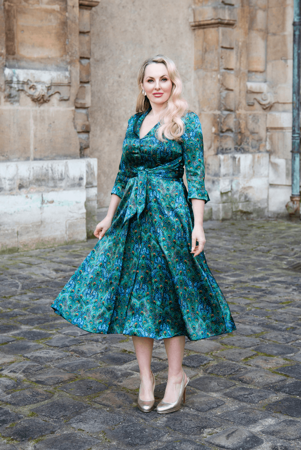 Green Grace Peacock Print Silk Dress