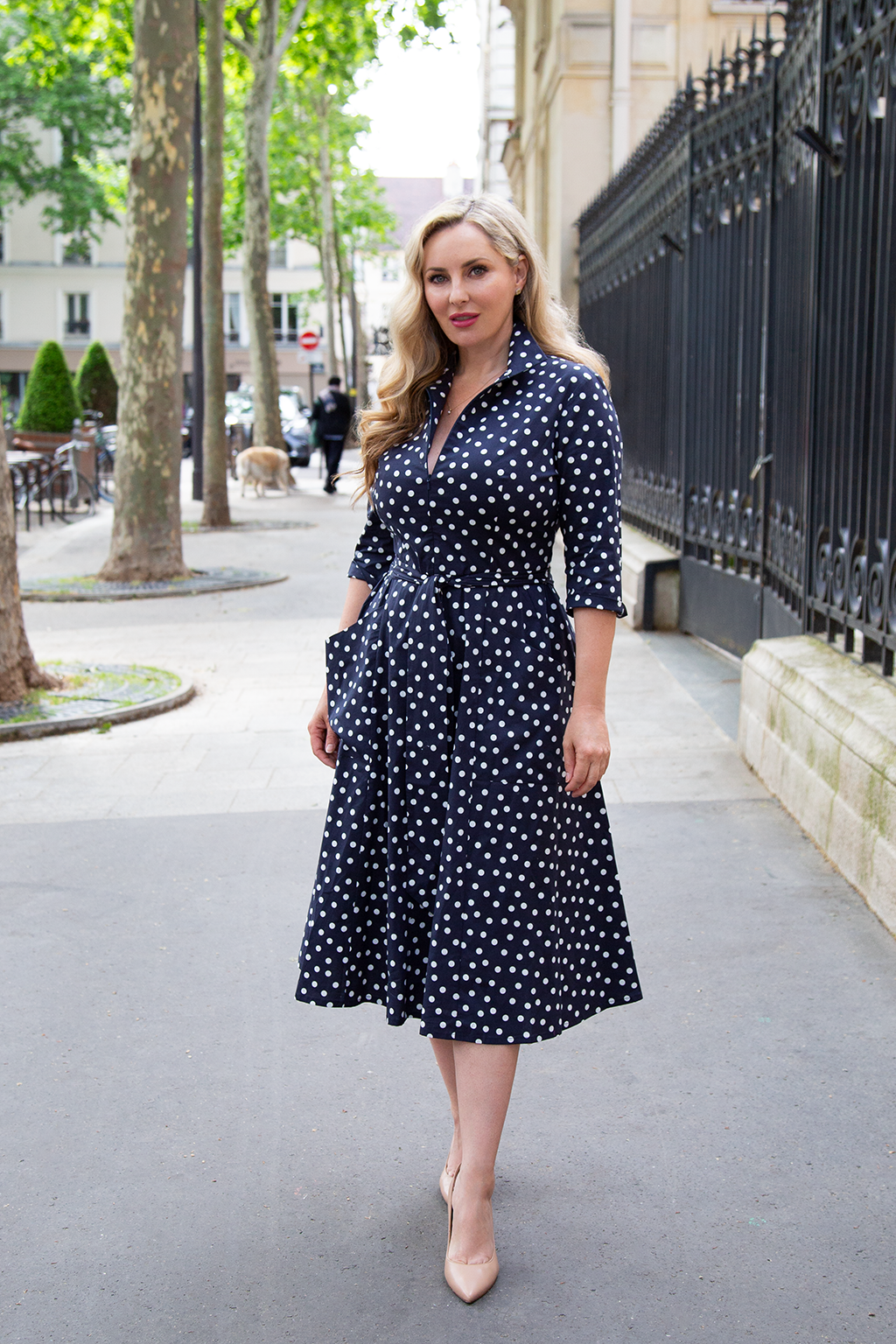 The 'Zip Pocket' Dress in Navy Polka Dot