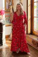 Stevie ruffle maxi dress in Red Tahitian Rose print by Katya Wildman