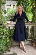 Zip Pocket shirt dress in navy stretch cotton by Katya Wildman