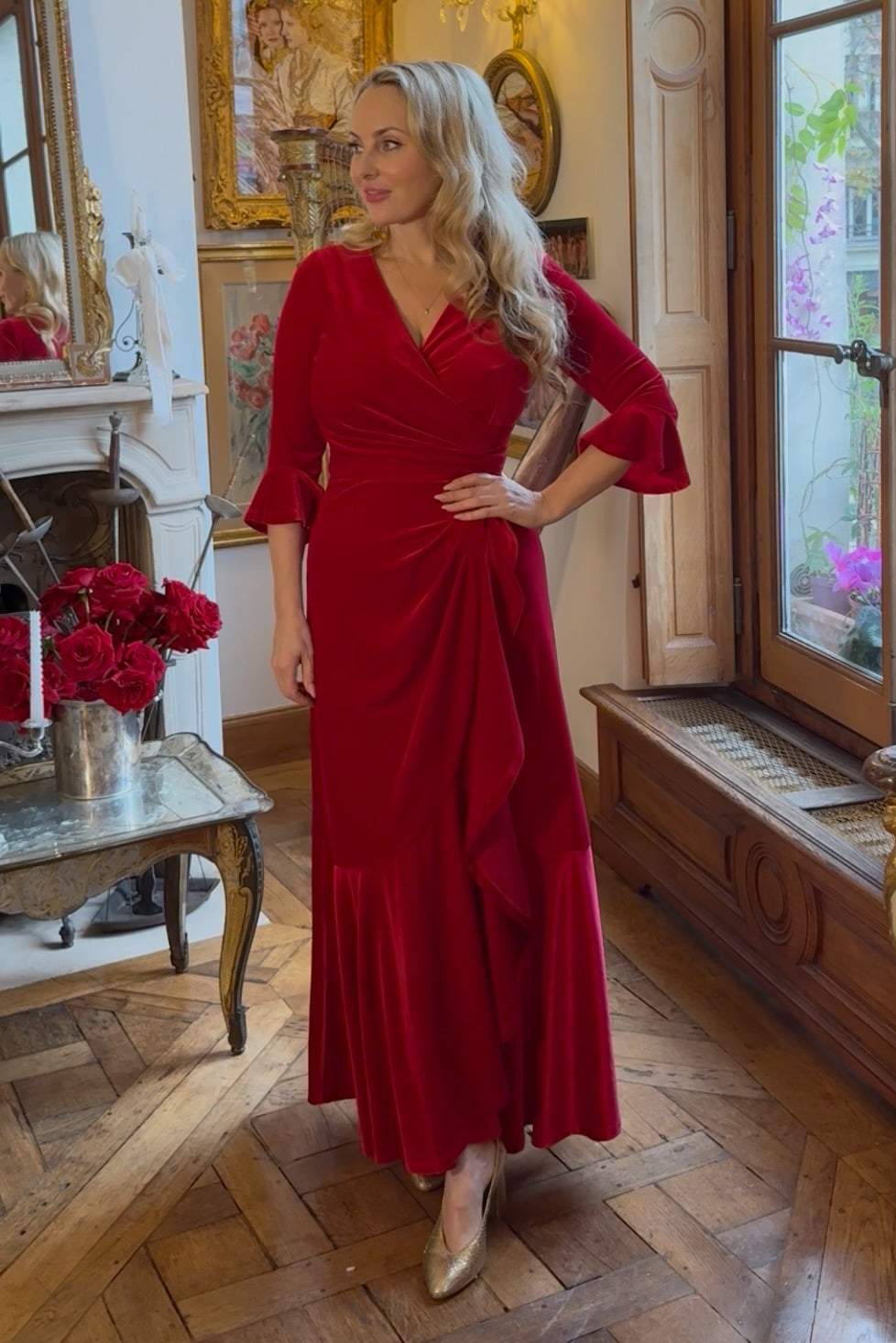 'Stevie' Luxe Velvet Ruffle Dress in Bright Red