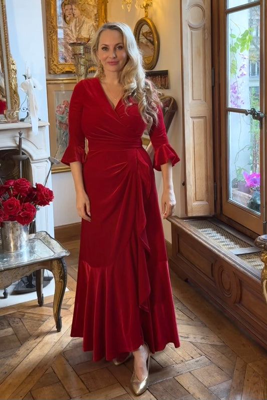 'Stevie' Luxe Velvet Ruffle Dress in Bright Red