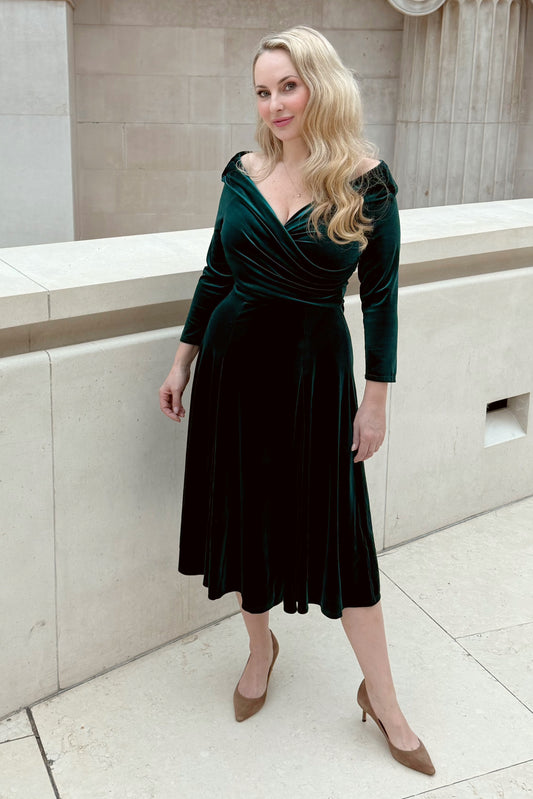 New Season - 'Confident Swing' dress in Dark Green Velvet