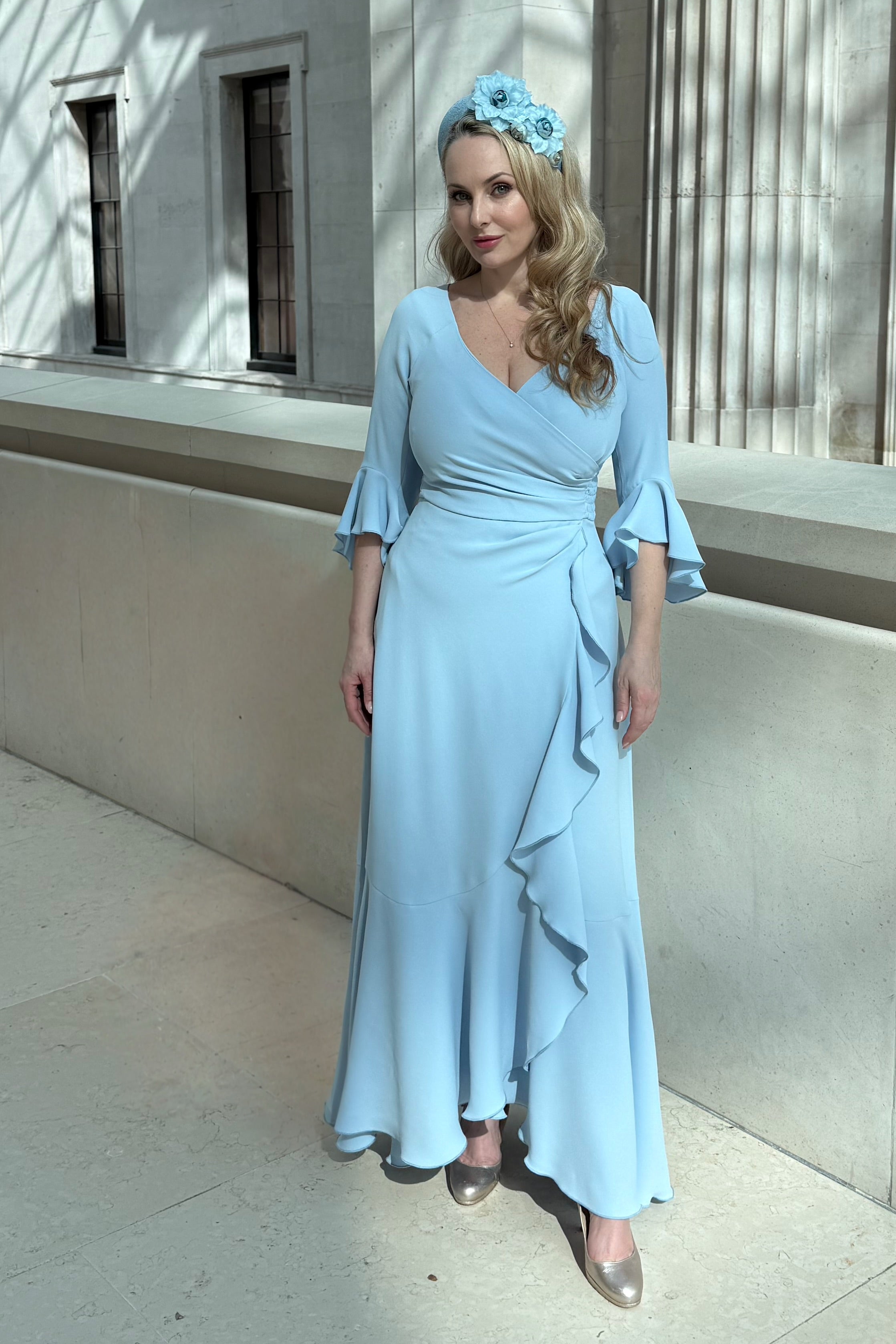 Stevie Crepe Ruffle Dress in Pale Blue – Katya Wildman