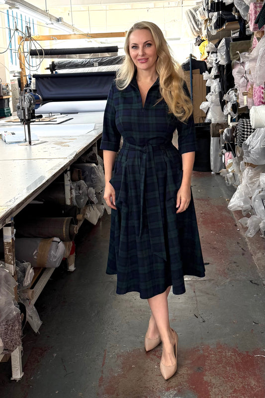 Back in Stock - The 'Zip Pocket' Dress in Navy / Green Tartan
