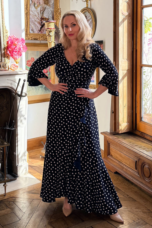 NEW - 'Stevie' Luxe Ruffle Dress in Navy Polka Dot w/c 23rd Feb