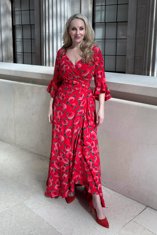 NEW IN -  'Stevie' Luxe Ruffle Dress in Red Tahitian Rose