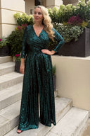 Wide Leg Jumpsuit Dark Green Sequin