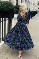 'Suzannah' in Navy Polka Dot Crepe