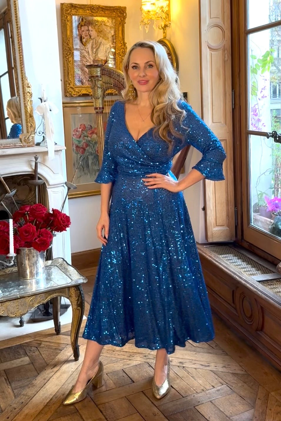 'Coco' Electric Blue Sequin Midi Swing Dress