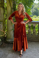 'Stevie' Luxe Velvet Ruffle Dress in Rust