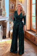 Wide Leg Jumpsuit Dark Green Sequin