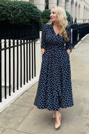 'Suzannah' in Navy Polka Dot Crepe