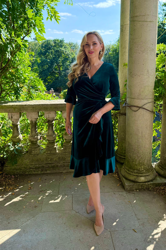 'Colette' Luxe Velvet Ruffle Tea Length Dress in Dark Green