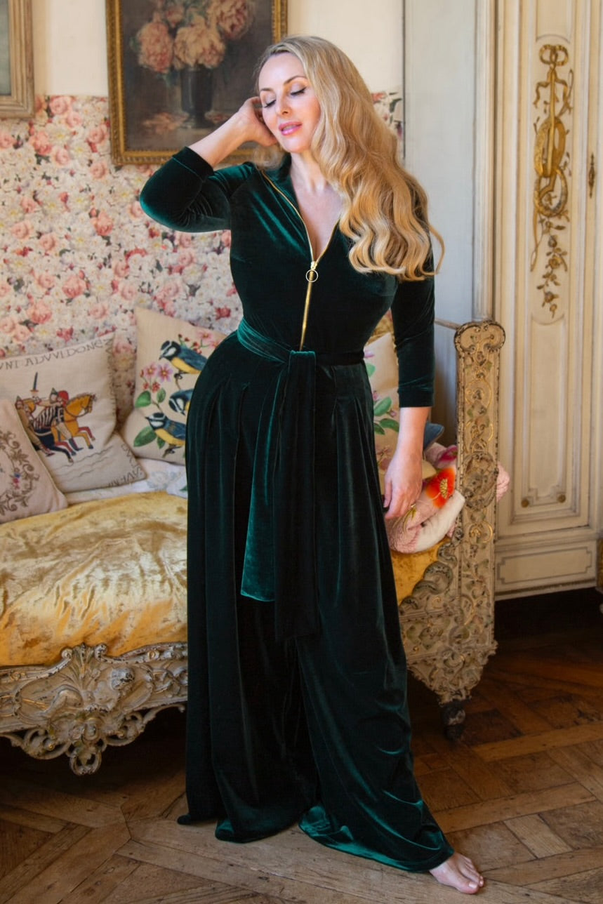 LAST FEW - 'Hampstead' Velvet Luxe Zip Jumpsuit in Dark Green