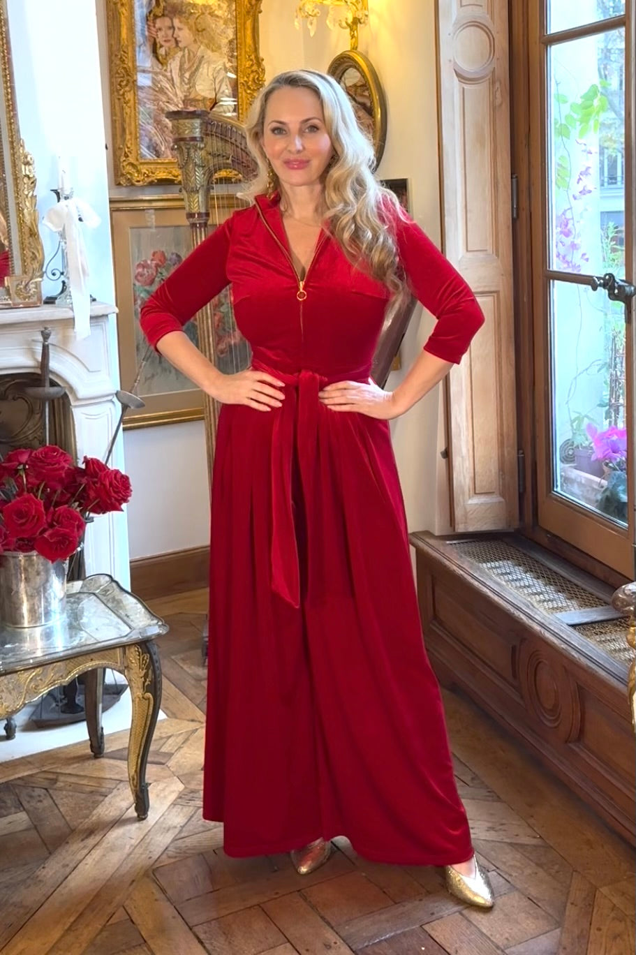 'Hampstead' Velvet Luxe Zip Jumpsuit in Bright Red