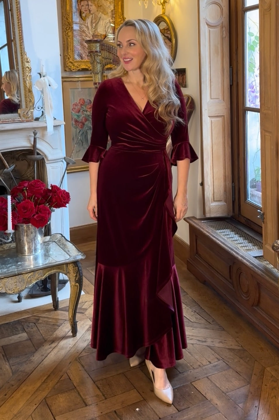 Velvet Ruffle Gown Stevie Velvet Ruffle Dress in Wine Luxe Velvet – Katya Wildman