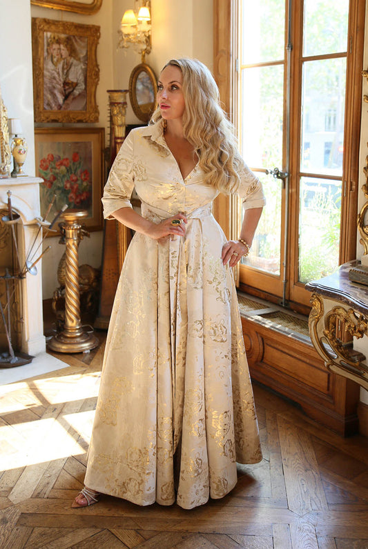 NEW STOCK IN 'Signature' Gold and Cream Brocade Maxi Shirt Dress