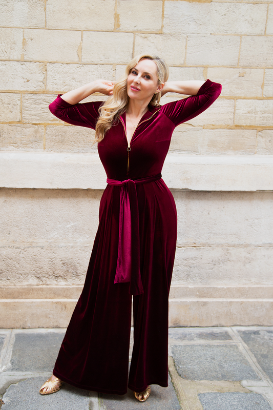NOW IN 'Hampstead' Velvet Luxe Zip Jumpsuit in Wine