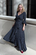 'Stevie' Luxe Ruffle Dress in Navy Polka Dot