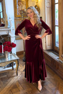 'Stevie' Luxe Velvet Ruffle Dress in Wine