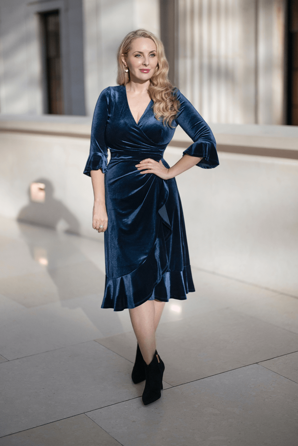 Colette Tea Length Velvet Ruffle Dress, Navy