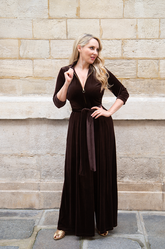NOW IN 'Hampstead' Velvet Luxe Zip Jumpsuit in Chocolate