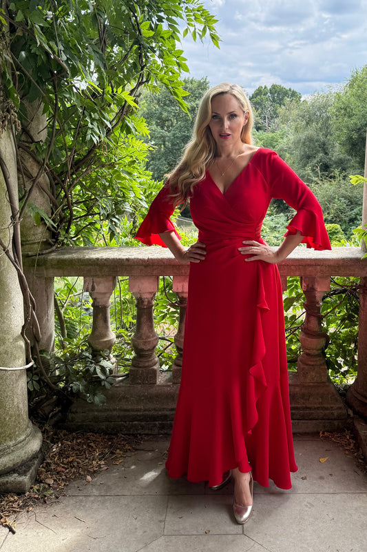 'Stevie' Luxe Ruffle Dress in Bright Red Crepe