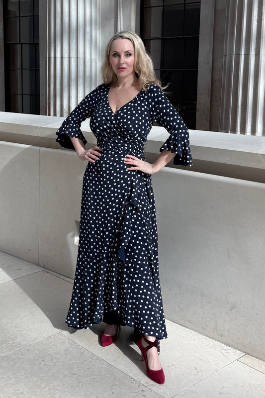 NEW IN - 'Stevie' Luxe Ruffle Dress in Navy Polka Dot