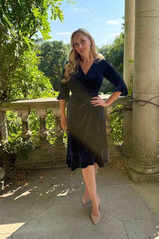 'Colette' Luxe Velvet Ruffle Tea Length Dress in Navy