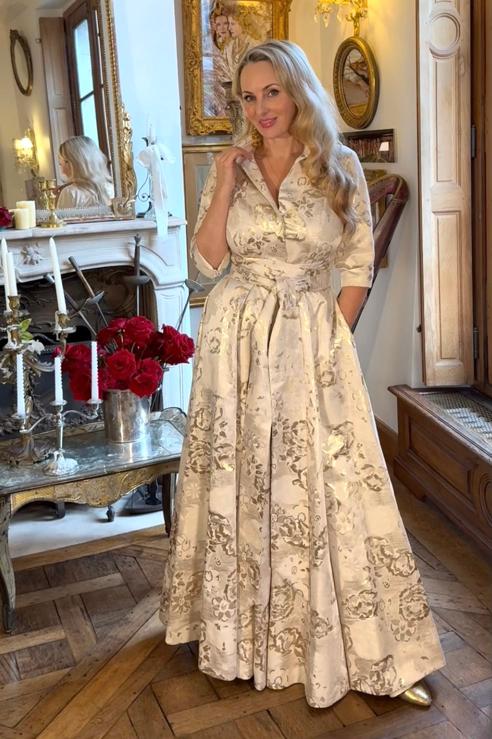 'Signature' Gold and Cream Brocade Maxi Shirt Dress