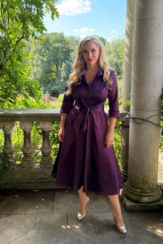 'Grace' Plum Stretch Satin Dress - Back in Stock October