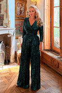 Wide Leg Jumpsuit Dark Green Sequin