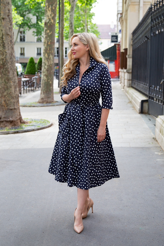 PRE ORDER - The 'Zip Pocket' Dress in Navy Polka Dot - Delivered wc 9th June