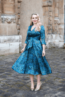 Grace Peacock Print Silk Dress in Blue 