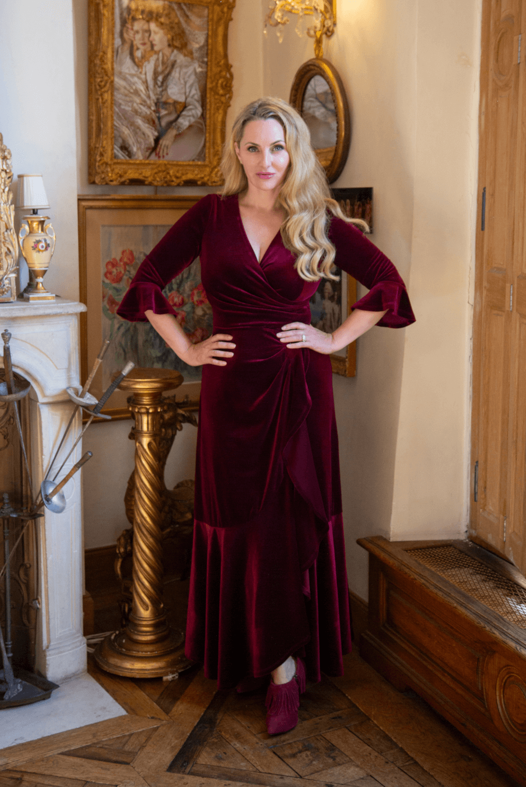 Velvet Ruffle Gown Stevie Velvet Ruffle Dress in Wine Luxe Velvet – Katya Wildman