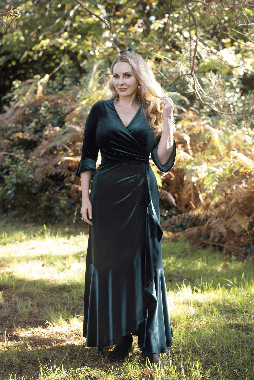 Stevie Velvet Ruffle Dress in Dark Green