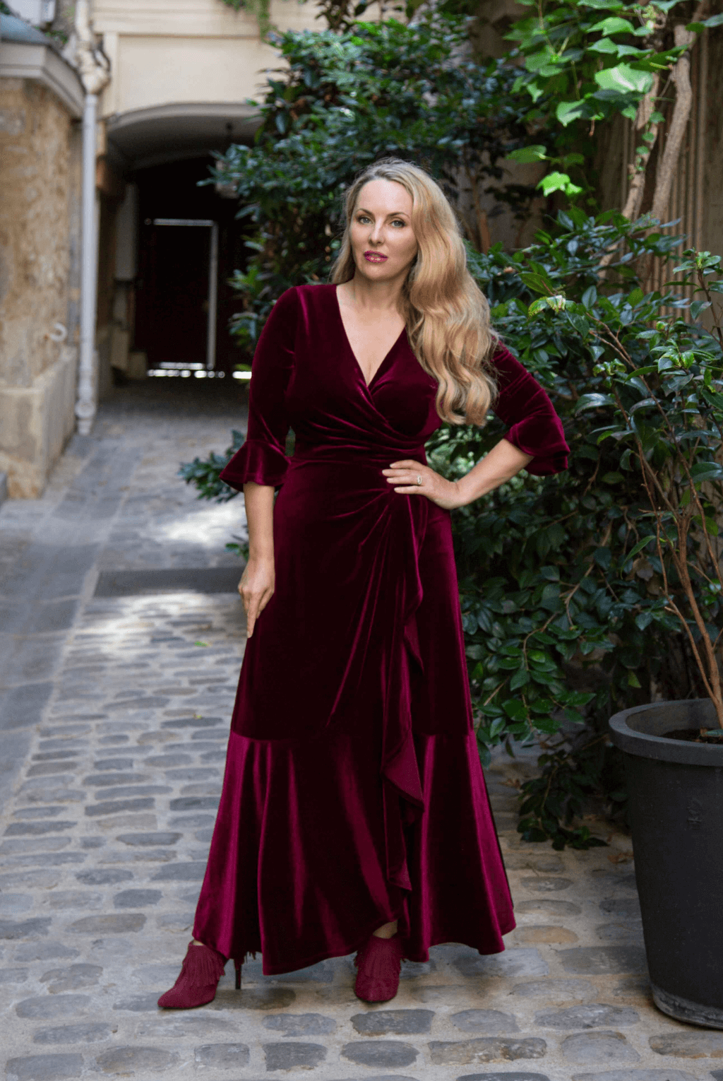 Stevie Velvet Ruffle Dress in Wine Luxe Velvet – Katya Wildman