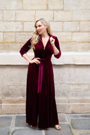 Hampstead wine velvet zip jumpsuit with sash belt by Katya Wildman