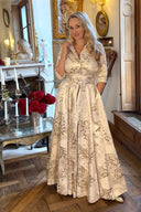 Signature gold and cream brocade maxi shirt dress by Katya Wildman, another view
