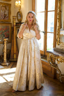 Signature gold brocade maxi shirt dress by Katya Wildman, detail