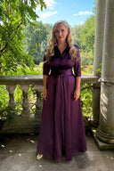 Signature plum stretch satin maxi shirt dress by Katya Wildman