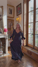 'Stevie' Luxe Ruffle Dress in Navy Polka Dot